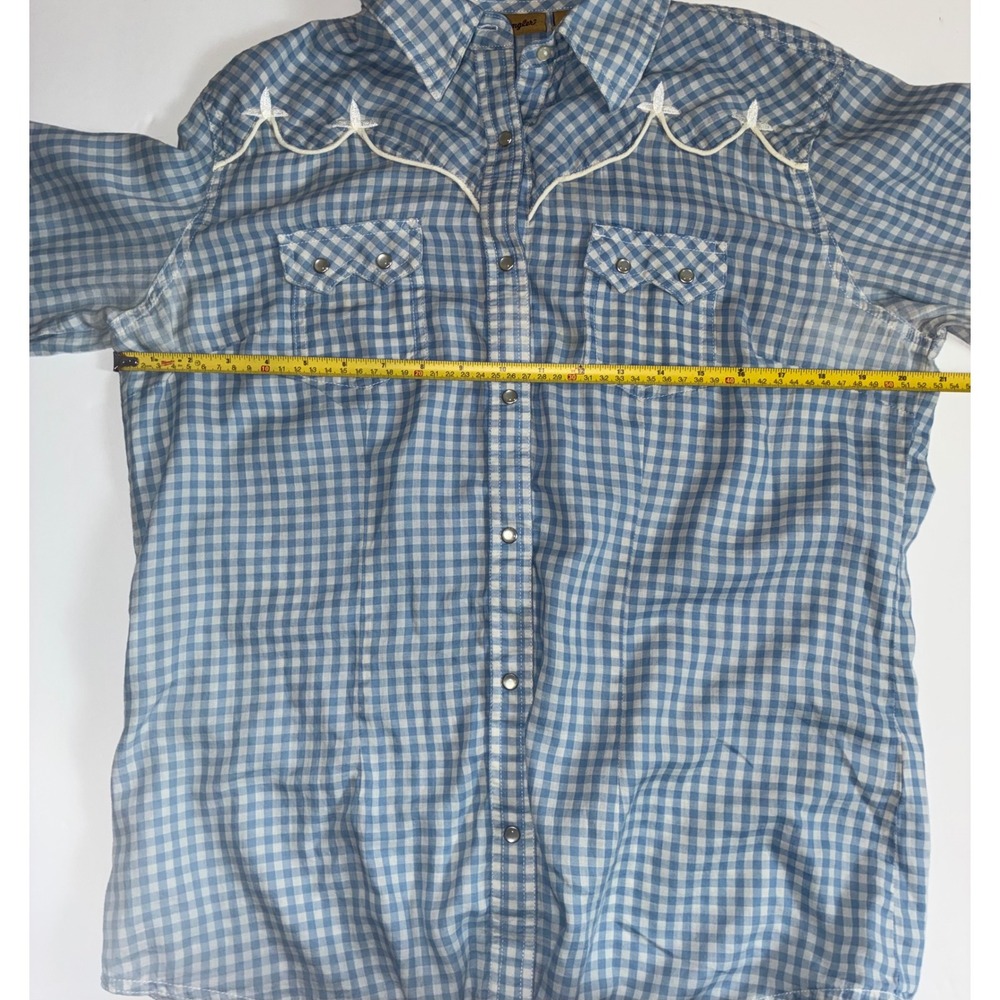 Wrangler Mens L Western Pearl Snap Shirt Blue Gingham Embroidered Cowboy READ - Picture 10 of 10